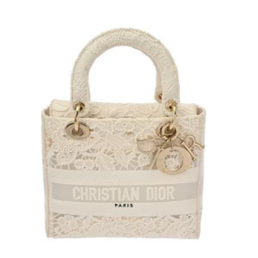 Christian Dior D Lace LADY D LITE Bag White Canvas Handbag